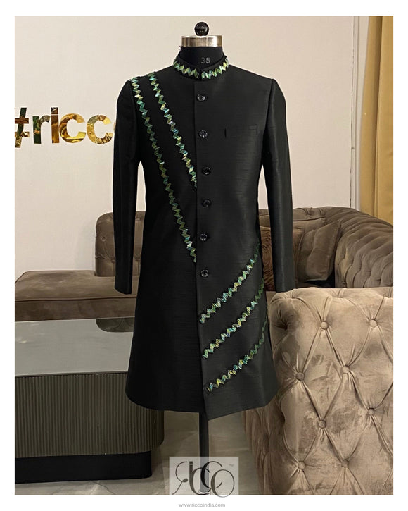 Black sherwani with linear nalki embroidery
