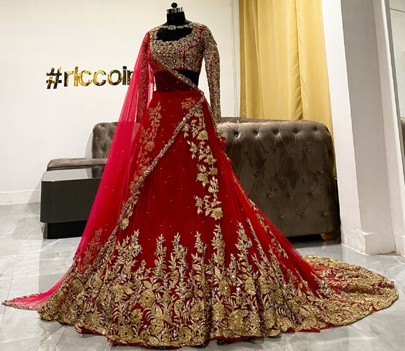Red train lehenga