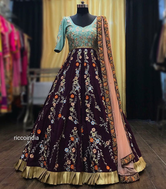 Resham work floral embroidery Anarkali gown