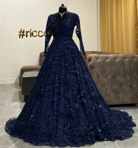 Blue beaded train cocktail gown