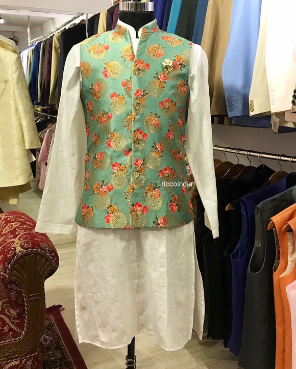 Floral v neck waist coat with kurta pyjama