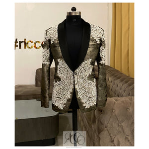 Gold tuxedo blazer with white beaded paisley design