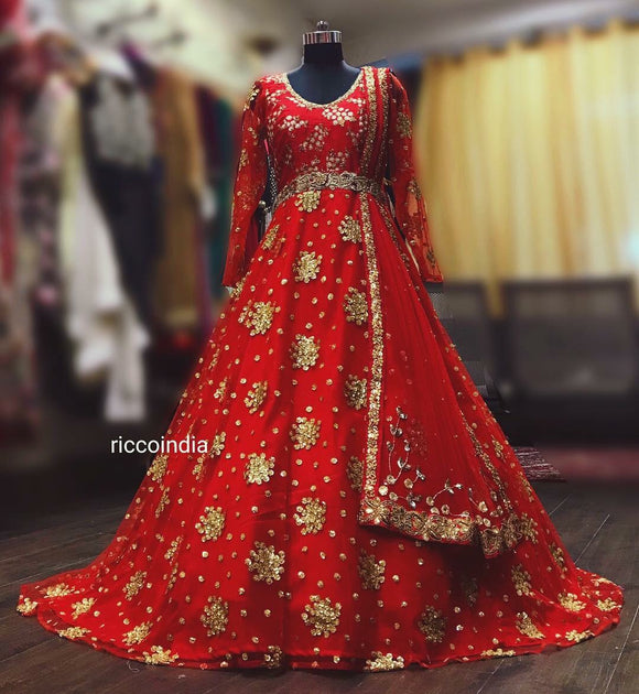 Red Anarkali gown with train with belt for dupatta