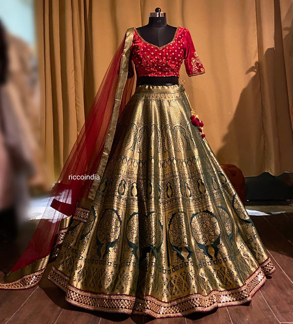 Green benarsi lehenga with velvet embroidered top