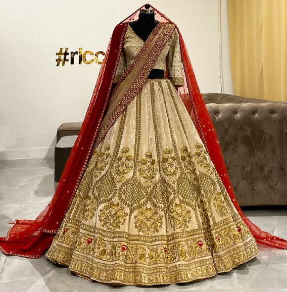 Champagne gold bridal Lehenga with two veils