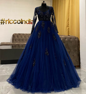Midnight blue flared cocktail gown