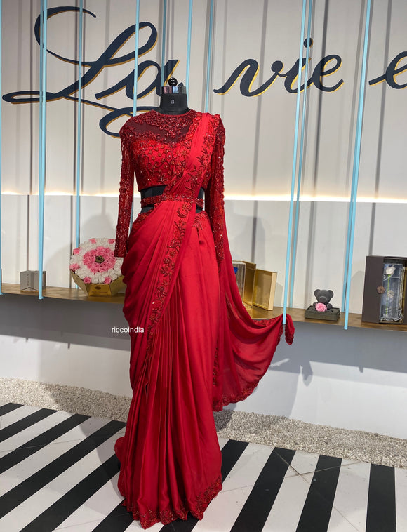 Red corset blouse belt saree gown – Ricco India