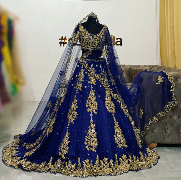 Double dupatta train lehenga in royal blue