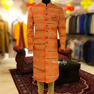Peach tie dye sherwani with fringe pocket detail