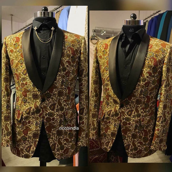 Indian print tuxedo blazer with brown lapel