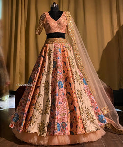 Multi color embroidered lehenga in peach with sequins work