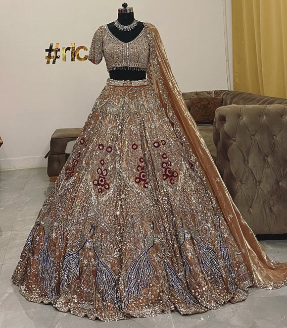 Rust gold crystal embroidery Lehenga