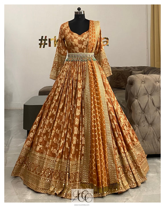 Rust organge flared benarsi Anarkali gown