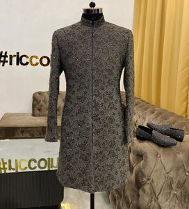 Dark grey sherwani with thread and beads embroidery