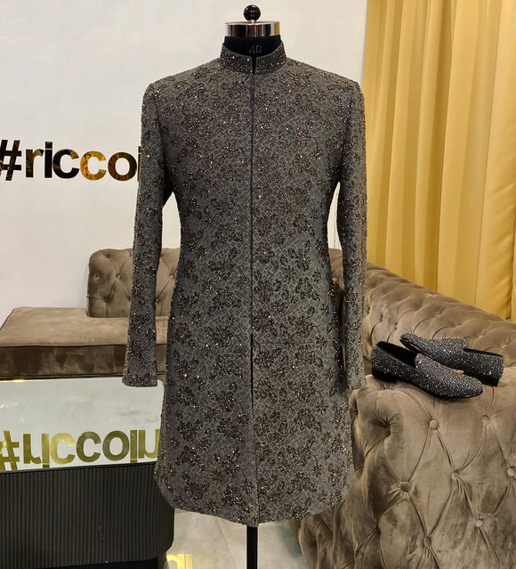Dark grey sherwani with thread and beads embroidery
