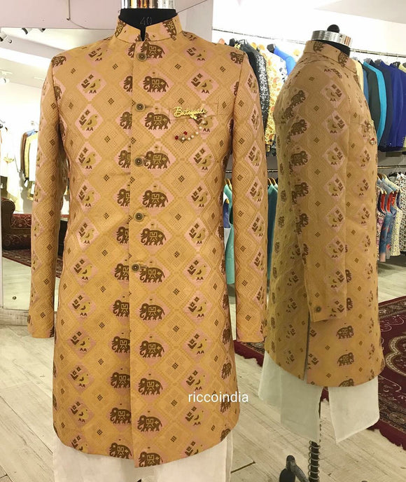Peach elephant print indowestern sherwani