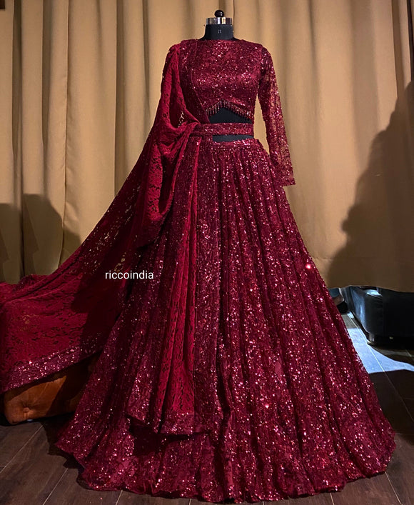Burgundy lehenga with sequin and beads embroidery with lace dupatta