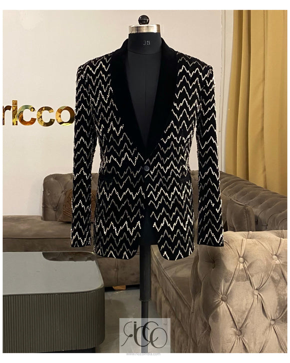 Black suede blazer with silver and grey Aztec embroidery