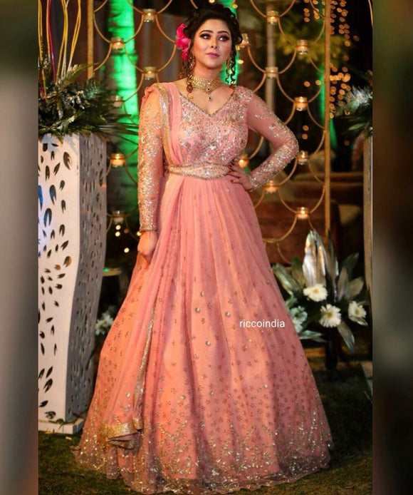 Buy Striking Peach Georgette Fairy Gowns And Drape Style Attached Dupatta |  Lehenga-Saree