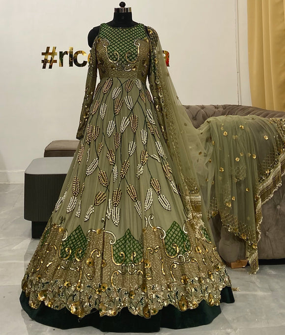 Pista green layered Bridal Anarkali gown