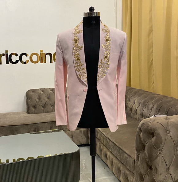 Pink linen blazer with dabka lapel embroidery