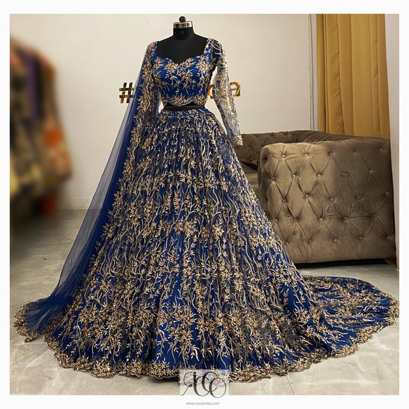 Royal Blue jaal embroidery train bridal Lehenga