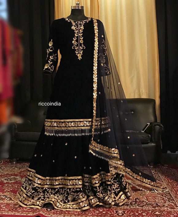 Navy blue embroidered sharara with pearl tassels