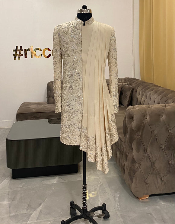 Cream beaded draped sherwani