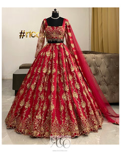 Candy red flared Lehenga with gold beadwork