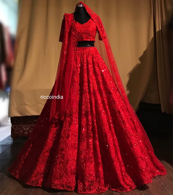 Red ball gown structure wedding lehenga