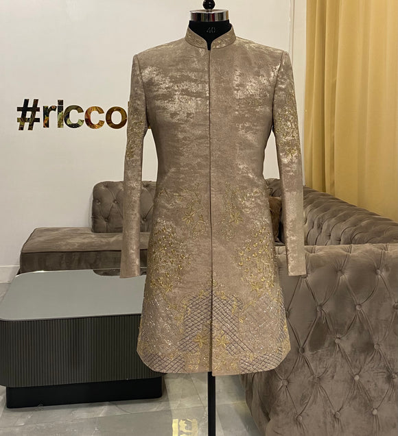 Champagne gold sherwani with dori work