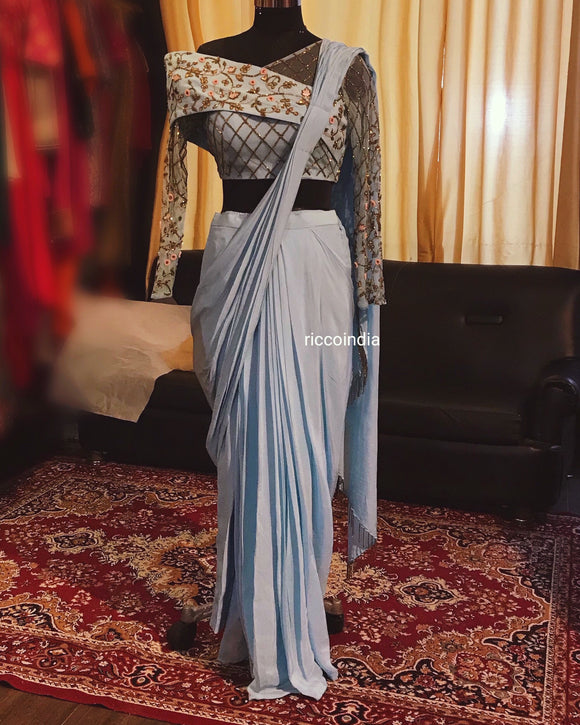 Blue stitched saree with wrap top