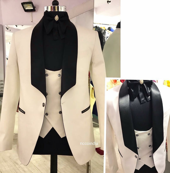 White tuxedo with black lapel comes with Swarovski crystal buttons