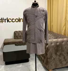 Mauve Nehru jacket with linear embroidery and kurta pyjama