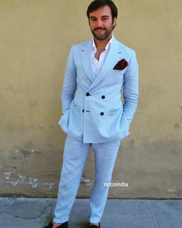 Ocean blue linen double breasted suit