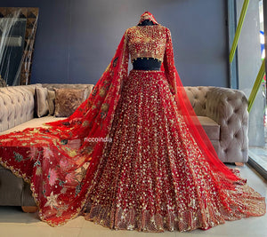 Red train lehenga with embroidered dupatta and light veil