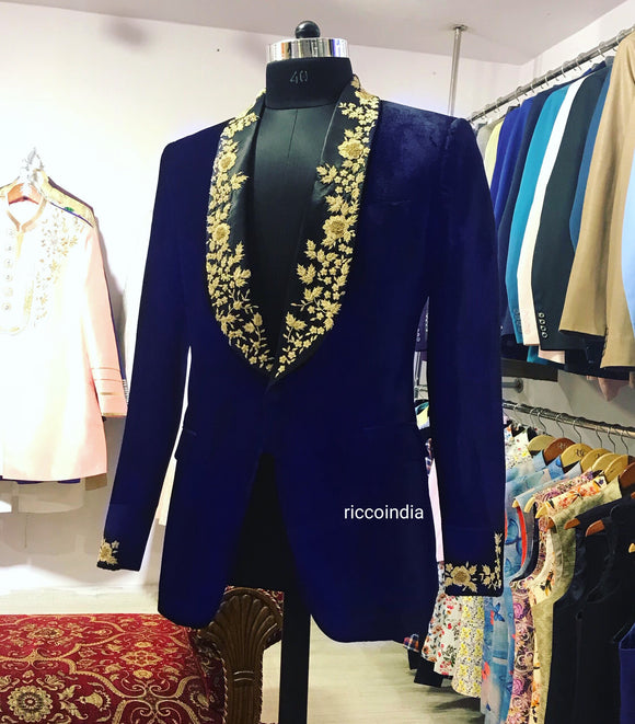 Blue velvet tuxedo with black embroidered lapel