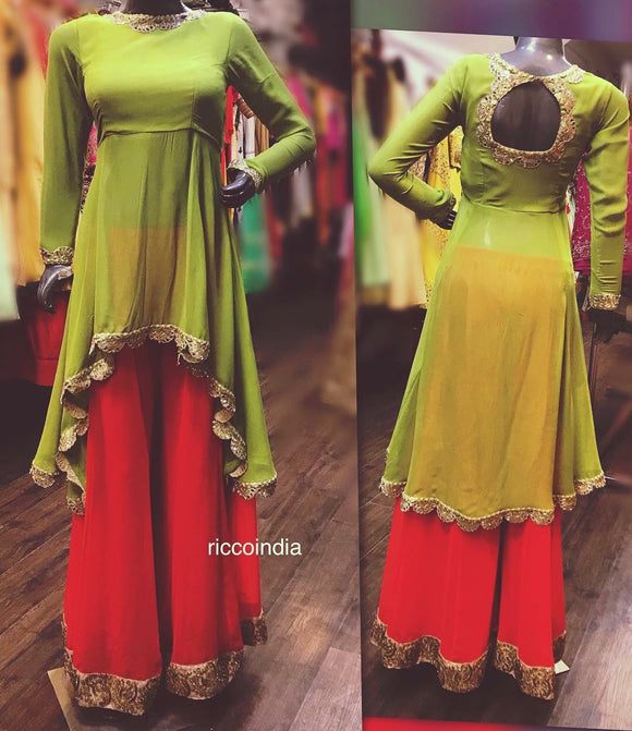 High low mehendi kurta with red sharara pants