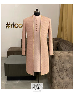 Heavily beaded rose gold Indowestern open sherwani