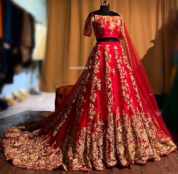 Train Bridal lehenga with dori work and cut work dupatta