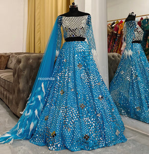 Firozi mirrorwork Lehenga with feathers