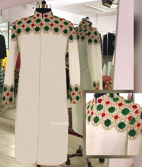 Velvet embroidered Aztec pattern sherwani in white