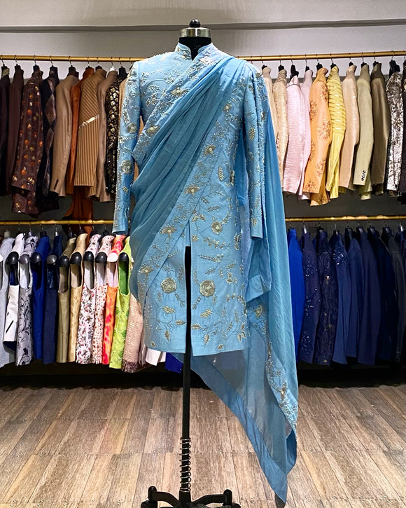 Sky blue sherwani with pearls embroidery