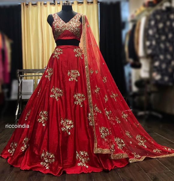 Intricate crystal embroidery flared red Lehenga with embroidered dupatta
