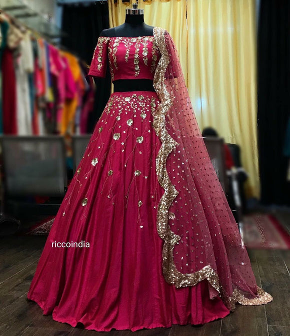 Pink off shoulder sequin work Lehenga with curved dupatta – Ricco India