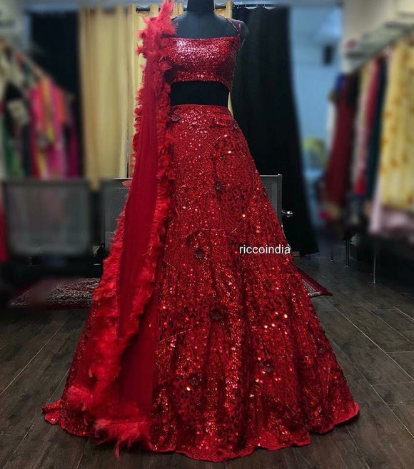 Red sequin work Lehenga with feather dupatta