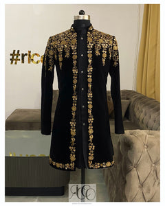 Suede open sherwani with kurta and pants