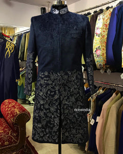 Navy blue textured suede sherwani with silver embroidery