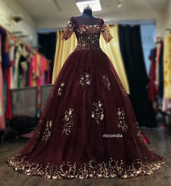 Dramatically flowered tulle dress in wine color ➤➤ Milla Dresses - USA,  Worldwide delivery