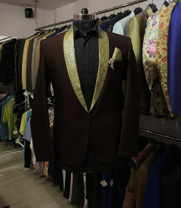 Brown silk brocade lapel tuxedo